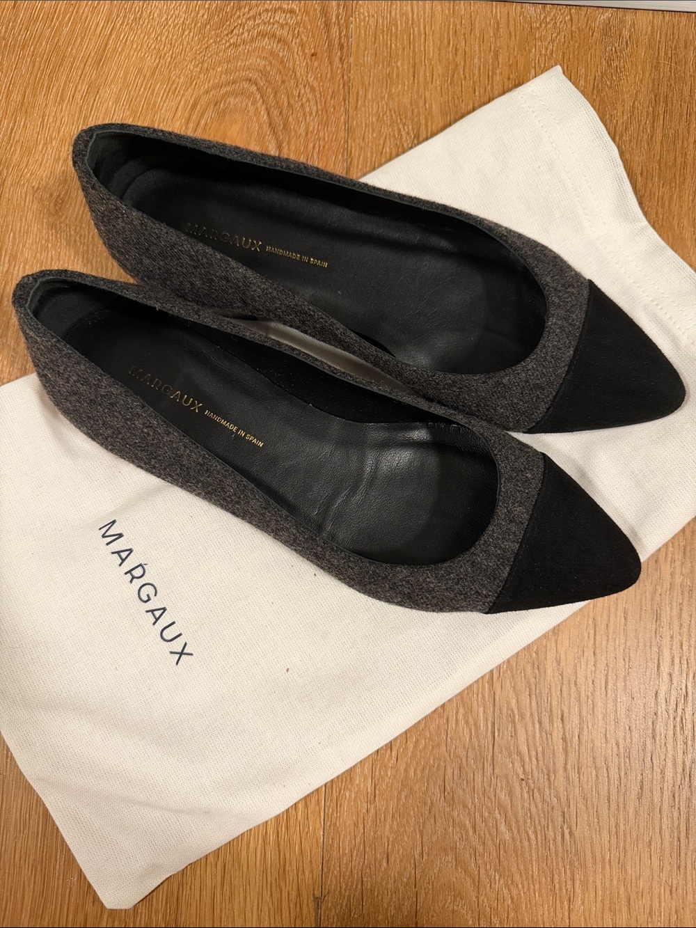 Margaux Leather Wool Two-Tone Pointed Toe Flats in Black and Charcoal